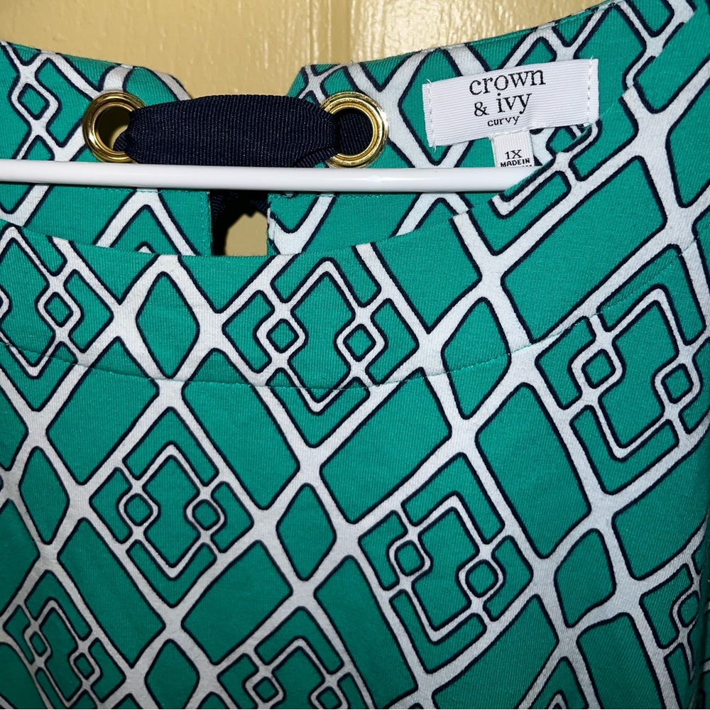 NWT Crown & Ivy Green & White Boho Preppy Wide Sleeve Midi Sheath Dress Size 1X - Picture 12 of 15